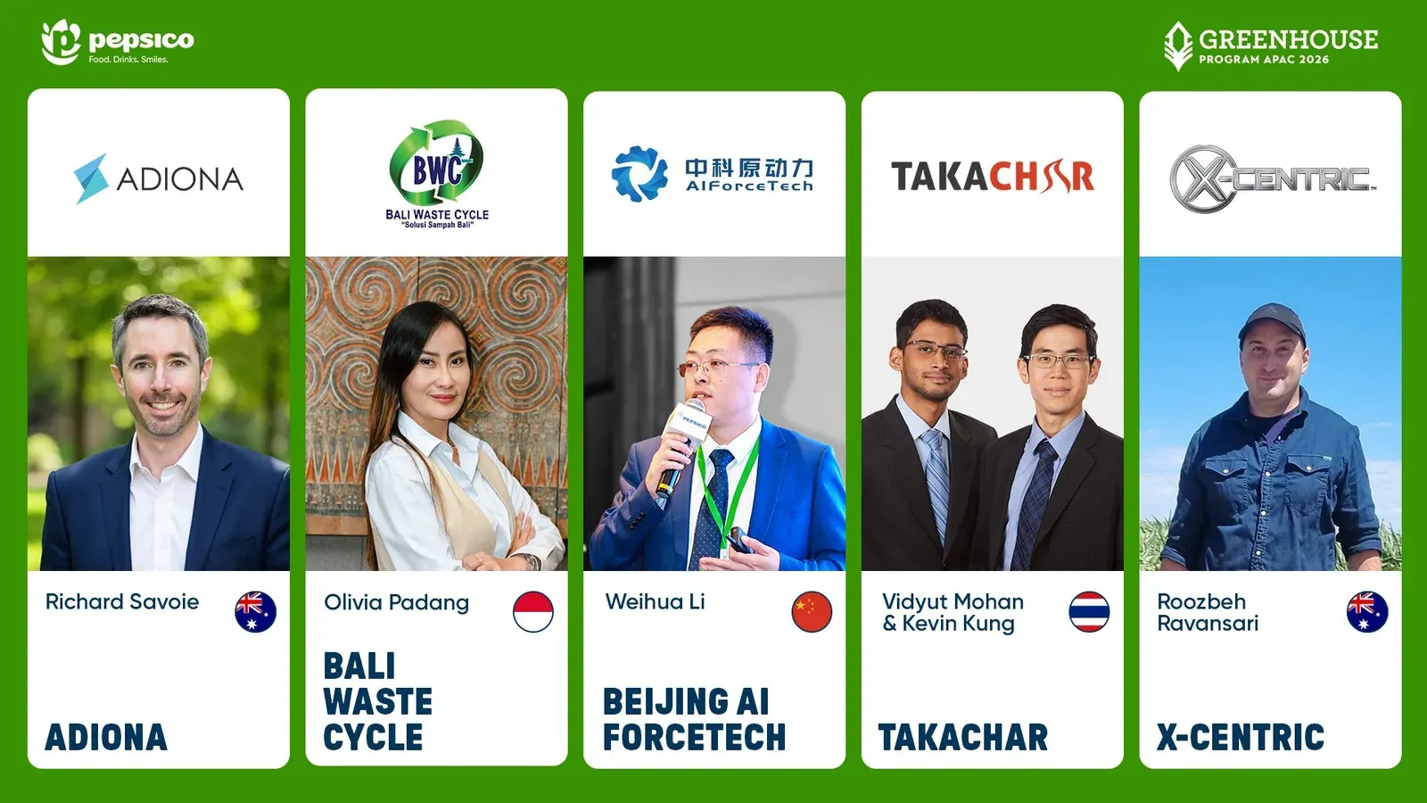 The five startups in the PepsiCo Greenhouse Program APAC 2026: Adiona (Richard Savoie, Australia), Bali Waste Cycle (Olivia Padang, Indonesia), Beijing AI ForceTech (Weihua Li, China), Takachar (Vidyut Mohan and Kevin Kung, Thailand) and X-Centric (Roozbeh Ravansari, Australia).
